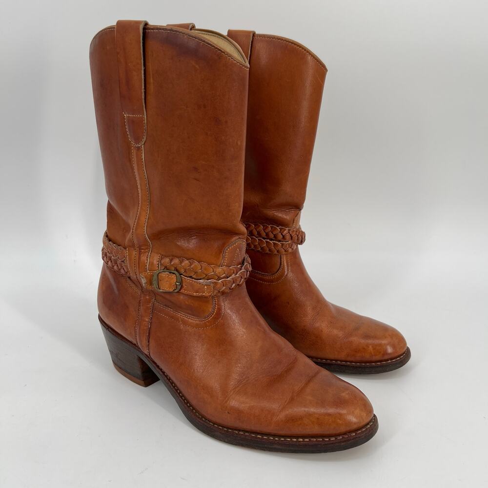 Vintage Father and Son Western Boots Mens 8.5 D Cognac Brown Leather Belted READ